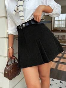 EARO Chic Chân váy mini xếp ly cạp cao màu đen bằng vải nhung kẻ dành cho nữ, kiểu dáng sinh viên, phong cách vintage mặc hàng ngày - màu đen - Xem 1