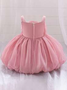 Baby Girls Sleeveless Solid Color 3D Floral Satin Cute 1st Birthday Party Puffy Princess Dress, Suitable For Vacation And Outings, Headband Not Included - Dusty Pink - View 3