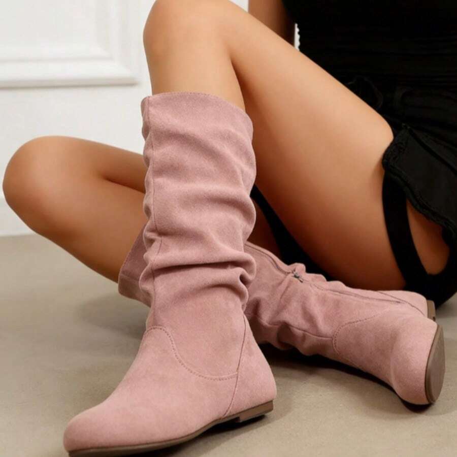 2025 Autumn And Winter Women's Boots Flat Bottom Round Toe Mid-Calf Boots New Style Non- Slim Side Zipper Pleated Stacked Western Boots - 粉色 - 查看 1