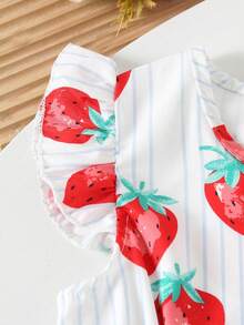 2 Stück Mädchen Rüschen Dekor süßes Erdbeermuster gestreift + Erdbeerkaro Kleid Set, niedliches lässiges Sommeroutfit für Mädchen - Verschiedenfarbig - Übersicht 8