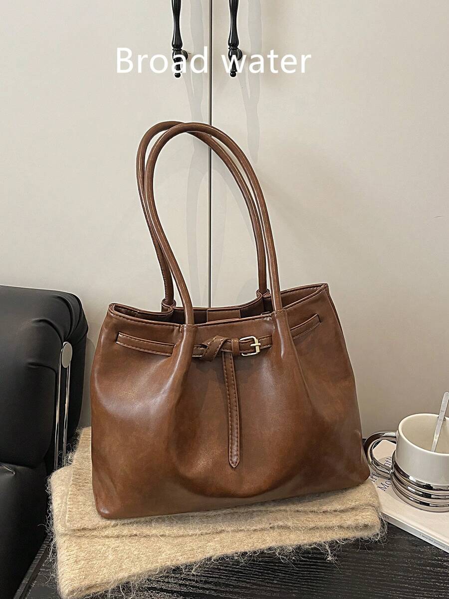 复古麂皮大容量休闲单肩托特包，撞色拼接托特包，优雅百搭女士通勤包