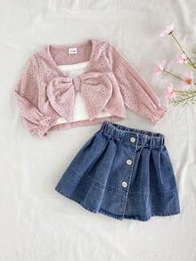 3pcs/Set Baby Girls' Fashionable Elegant Sweet Long Sleeve Top, Camisole And Denim Skirt Outfit, Spring/Autumn - Multicolor - View 4