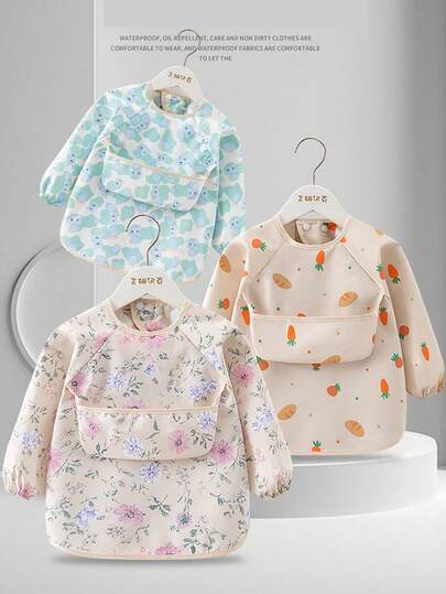 1pc Cartoon Cute Portable Waterproof Baby Long Sleeve Bib, Full Body Soft Feeding Smock With Storage Pocket, Suitable For Eating, Playing, Painting, Anti-Dirty