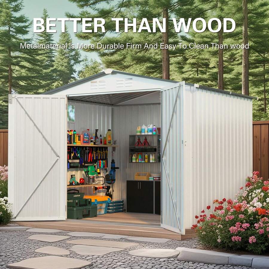 8X6FT Metal Storage Shed,Tool Shed With Peaked Roof Waterproof With Clear Window And Lockable Door Compact Tool Shed For Garden, Backyard,Patio,Sundries And Bike Storage, White - trắng - Xem 1