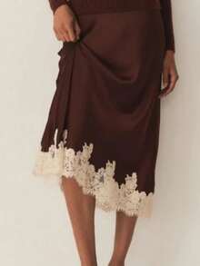 Women's Lace Trim Satin Silk Midi Skirt Y2K Elegant Silky Flowy A Line Long Skirt Vintage Bodycon Pencil Maxi Skirts Going Out Beach Vacation Skirt Streetwear - 棕色 - 查看 2