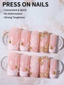 24片长方形3D立体凝胶花朵美甲贴纸，珍珠装饰，白色法式按压式亚克力假指甲。套装包含：1瓶凝胶和1把指甲锉。夏季美甲，让您的指尖闪耀动人，适合女性日常工作和派对场合。 - 彩色 - 查看 2