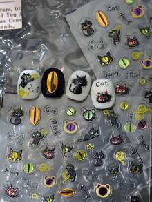 1Pc 5D Black Cat Fishbone Nails Sticker Kawaii Embossed Decal French Slider Adhesive Manicure Nail Art Decoration