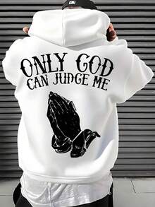 Men's Christian Faith Hooded Sweatshirt With Only God Can Judge Me Printed On The Back And Prayer Hand Design-Hoodie With OF A LOVING GOD Print-Unisex - 白色 - 查看 2