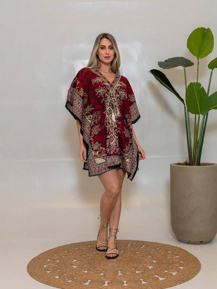 KIARA BRAZIL Vestido Kaftan Indiano Feminino Curto Boho Chic Estampado-AE-25102 - Vermelho - Visão 3