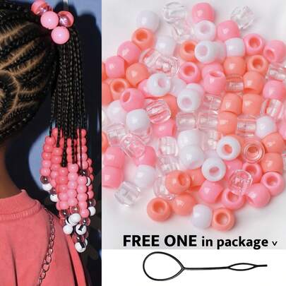 100pcs 10*12mm Plastic Beads, Large Hole, Suitable For Braiding, African Hair Accessories, With Pull Needle, Assorted Pink Colors