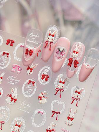 55 piezas/hoja Pegatinas de arte de uñas con lindos diseños de mariposas rosas y conejos con moños, con estampado vintage en relieve de conejos, adecuado para uso diario, amado por mujeres y niñas