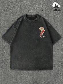 Áo thun nam cỡ lớn mới, chất liệu cotton tay ngắn, thiết kế Emo với họa tiết cá vàng, cá chép, hoa sen Nhật Bản, mây lành, chữ in, kiểu dáng thường ngày, màu đen bạc, phong cách Y2K, phù hợp mặc hàng ngày. - màu đen - Xem 4