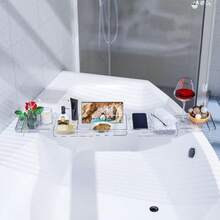 Yieach - Bandejas de tina para tina estante de baño expandible sobre la tina mesa de baño transparente tabla de baño bandeja de baño y accesorios de tina para mujeres relajándose con libro de - Transparente - Ver 6