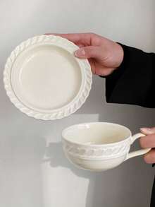 1 pieza Juego de taza y platillo de café con encaje floral de color crema vintage, taza de cerámica elegante, taza de desayuno para pareja creativa, taza para leche, taza para arte de café con leche, plato para postre, adecuado para restaurante, sala de estar, cafetería, tienda de postres - Multicolor - Ver 5