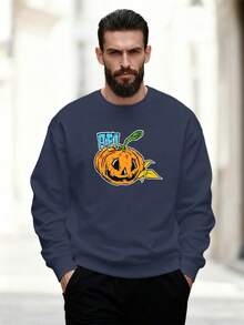 Sudadera casual de cuello redondo con patrón de calabaza y letras  para hombres - Azul Marino - Ver 6