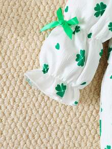 2pcs/Set Baby Girl St. Patrick's Day Clover Romper, Cute & Comfy Versatile Round Neck Puff Sleeve Clover Floral Print Long Sleeve Romper + Headband - Green - View 2