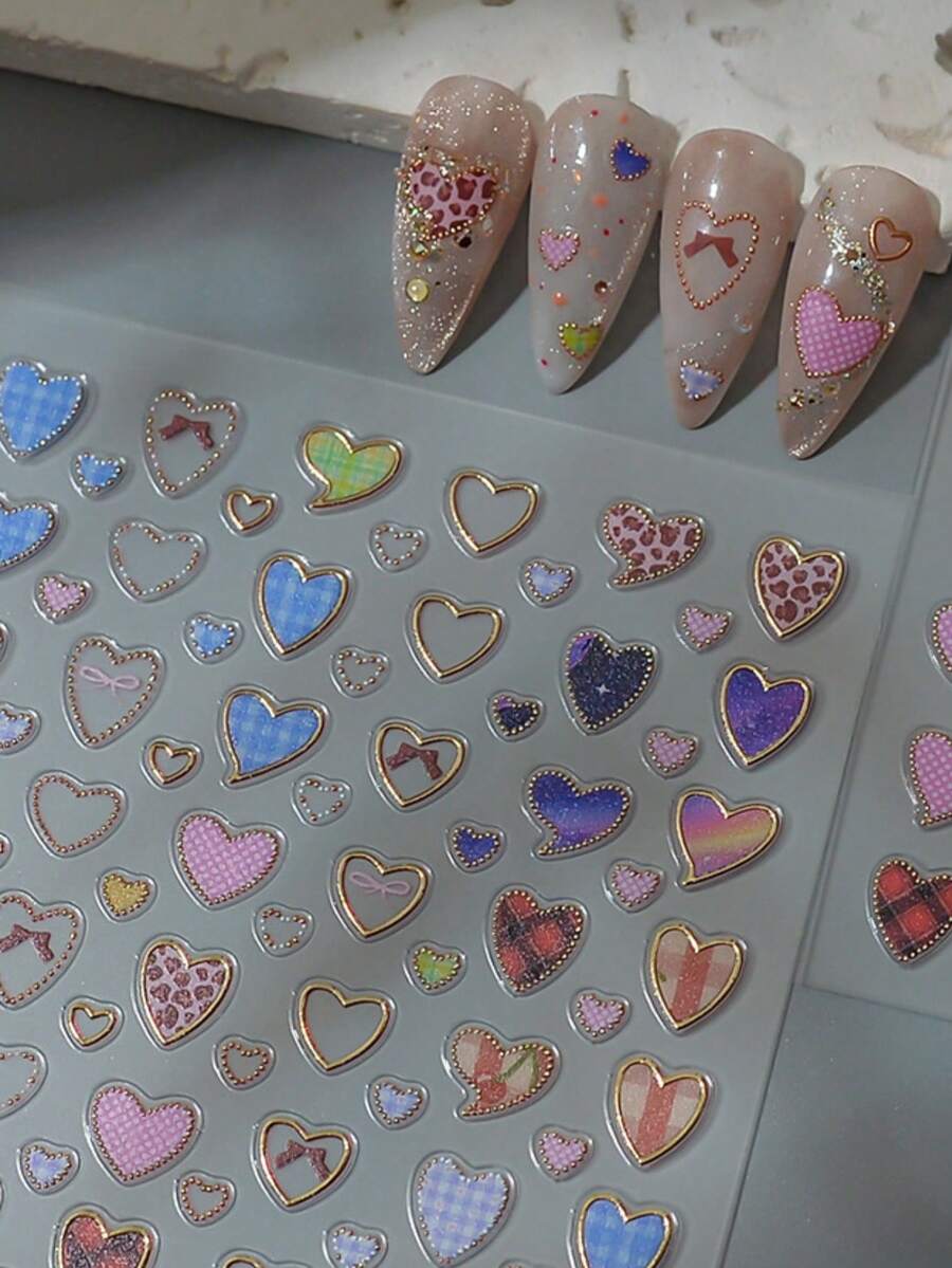 1Pc 5D Pink Leopard Print Heart DIY Nail Sticker With Hollow Design Nail Sticker Manicure Art Decals For Girls Nail Self Adhesive DIY