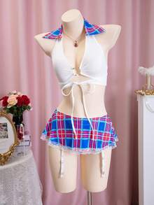 Plaid Print Costume Skirt & G-String Sexy Lingerie Set For Women - Blue and White - View 1