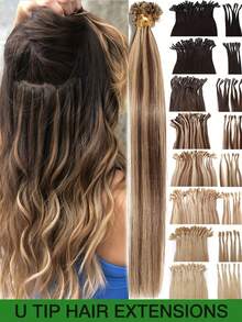 直发U型接发，真人发，角蛋白美甲接发，冷融合接发片，真人发，Remy品质，角蛋白热融合，直发，自然柔顺，黑色、棕色、金色挑染，12-22英寸，每包28-30克，适合所有种族女性，百搭发型 | 自然外观 | 挑染发丝 - 彩色 - 查看 3