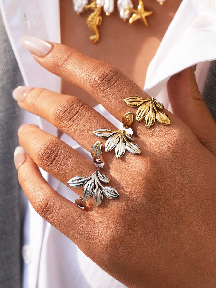 3pcs/1pc Minimalist Gold Leaf Open Stainless Steel Rings, Fashionable Branch/Leaf Design Open Bands, Suitable For Women's Daily Versatile Wear