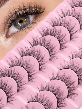 10 Pairs Manga Wispy Natural Wet Look Eyelashes Grafting-Like Effect Faux Mink Lashes Clear Band Y2K Style 3D Fluffy Long Style Cat Eye Natural And Dramatic Eyelash Extensions Makeup Tool
