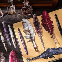 have a good day 10张/包复古羽毛笔主题贴纸，创意美学贴纸，DIY剪贴簿工艺材料，节日礼物，个性化贴纸相册学习用品剪贴簿用品文具 - 彩色 - 查看 3