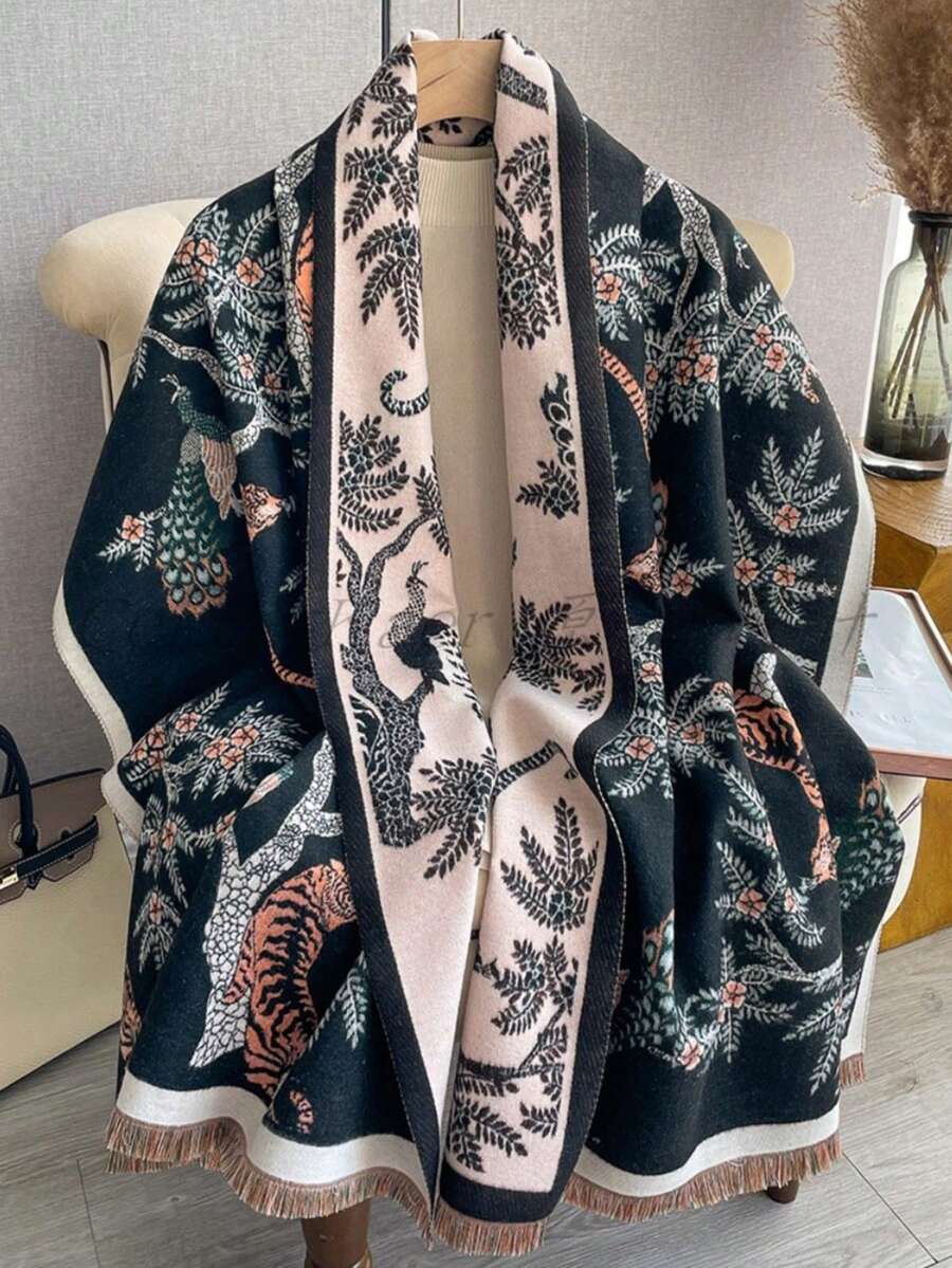 1pc Floral Jacquard Knit Faux Cashmere Warm Scarf/Wrap For Women, Versatile Fashion Accessory For Autumn/Winter, Suitable For Decoration