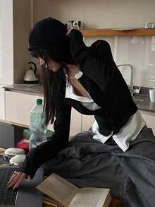 2 In 1 V-Neck T-Shirt, Fitted Design Knit Long Sleeve Top Casual Black - Black - View 3