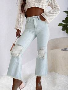 Jeans de moda de mezclilla con dobladillo deshilachado y desgastado para mujer - Celeste - Ver 4