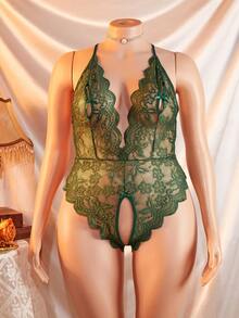 Plus Size Women Sexy Lingerie, Sheer Lace Intimate Apparel, Revealing Backless Heart Decor Bodysuit, Holiday Gift
