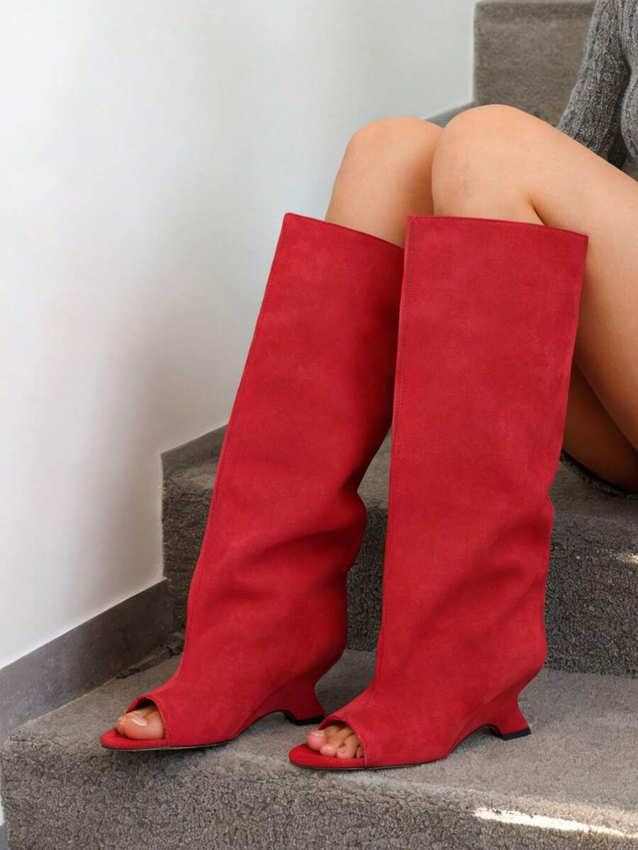 Slouchy Fashion Peep Toe Knee High Boots For Women Wedge High Heels Pull On Sexy Party Dress Fall Winter Long Boots Woman - Đỏ - Xem 1