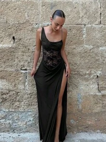 Spring Summer Women's New Dress Solid Color Strap Lace Patchwork Slim Dress - Black - View 4