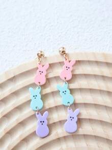 1 Pair Cute Easter Bunny Acrylic Pendant Earrings - Triple Rabbit Design, Pastel Color, Ideal Holiday Gift (Card Not Included) - Multicolor - View 2