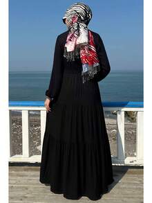 Robe pull en tissu tissé à manches longues pour femmes, col rond petit, noir, avec poches et ceinture, fermeture éclair au dos, robe jalabiya confortable de longueur totale, jupe évasée - Noir - Voir 2