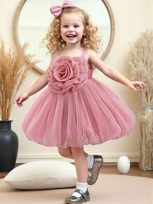 Baby Girls Sleeveless Solid Color 3D Floral Satin Cute 1st Birthday Party Puffy Princess Dress, Suitable For Vacation And Outings, Headband Not Included - Dusty Pink - View 1