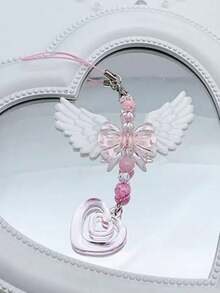 新款时尚女士可爱翅膀蝴蝶结心形手机挂饰，适合女孩和女士，可用作钥匙扣、包包装饰配件和礼物 - 淺粉色 - 查看 9