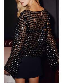 Womens Sequin Flared  Long Sleeve Blouse Tops Long Sleeve Sequined Loose Fit Glitter Sparkly Bell Sleeve Crew Neck Shirts Summer Holiday Beachwear Party Clubwear - 深灰色 - 查看 4
