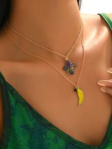 1件装女士时尚羽毛吊坠项链，个性化双层颈链，紫色、黄色、绿色，闪亮水钻，适合狂欢节、化装舞会、日常、度假、派对、节日礼物 - 彩色 - 查看 2