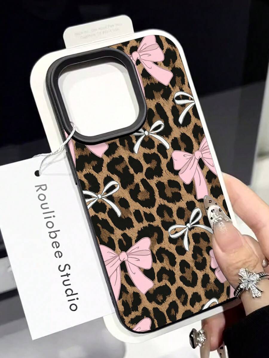 Leopard Bows Phone Case Girly Fashion Style For IPhone 17 16 15 14 13 12 11 Plus Pro Max. A  And Chic Gift For Her With A Touch Of Wild Elegance And Playful Feminine Charm. Accessorize Your Phone In Style. - 黑色 - 查看 1