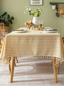Mantel de poliéster a cuadros | Patrón a cuadros amarillo y blanco | Tejido, con flecos | Adecuado para la decoración del Día de Acción de Gracias y la comida diaria, decoración de restaurantes | Detalle de flecos | Mantel de poliéster - Amarillo - Ver 5