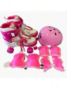 Kids' 4-Wheel Roller Skates With Rainbow Lights, LED And Glitter, Premium Model, Adjustable Size + Protective Gear Kit - 鞋子+防護-粉紅色 - 查看 1