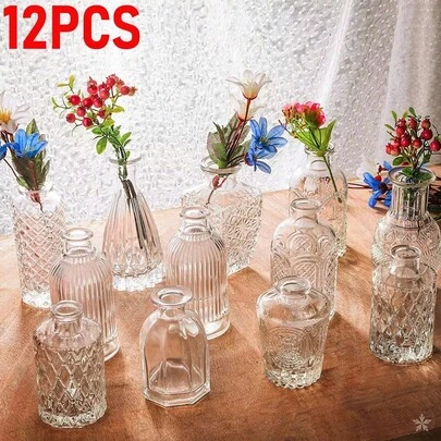 Glass Bud Vases Set Of 12 - Small Bottle For Flowers, Clear Bud Vases In Bulk, For Centerpieces, Mini Vintage Vase For Wedding Home Table Decor