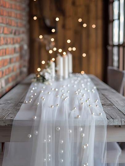 1pc White Pearl Beaded Sheer Fabric, Suitable For Table Runners, Ceremony Backdrops, Home Decor, Room Decor, Birthday Party Decorations, Valentine's Day Ceremony Setups To Create A Romantic Ambiance