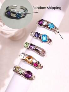5pcs/Set Vintage Asymmetrical Geometric Colorful Zirconia Rings Set, Versatile Fashionable Elegant Women Jewelry - Multicolor - View 2