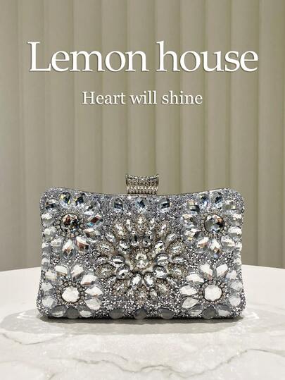 1个银色女士闪亮水钻装饰晚宴手拿包，奢华女士正式礼服钱包，闪亮盒形包，完美迷人，新娘钱包，婚礼，派对，舞会，夜店，生日礼物，情人节礼物，聚会，斜挎包，手提包，手拿包，化妆包