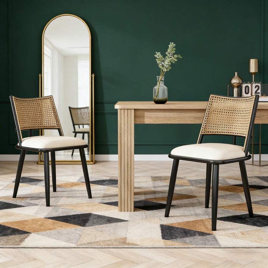 Dining Chairs - Black + Rattan - View 1