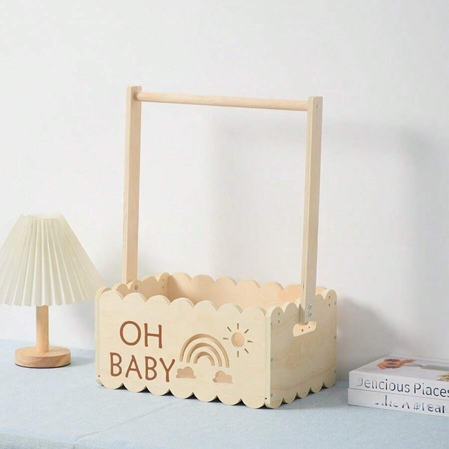 1件装木制储物架，带挂杆和篮子，多功能收纳架，适用于婴儿房衣物和玩具 - 彩色 - 查看 1