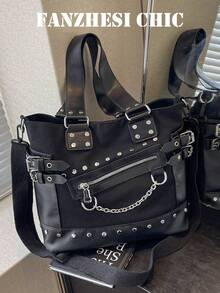 复古纯色大容量手提包，酷炫朋克Y2K单肩包，女士铆钉装饰斜挎包/手提包，多功能多口袋纯色户外旅行斜挎包，休闲日常通勤购物袋 - 黑色 - 查看 2