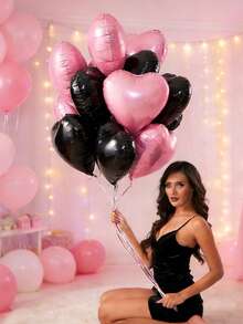 12pcs Heart-Shaped Foil Balloons, Black And Pink, 18 Inch Polyester Film Helium Balloons, Suitable For Party, Birthday, Anniversary, Wedding Decoration - Universal Metallic Balloons, No Power Required - Multicolor - View 6