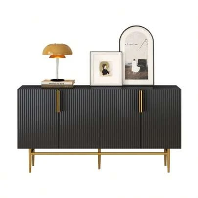 Modern, Elegant Sideboard With 4 Doors, Gold-Colored Metal Handle, Buffet Cabinet For Dining Room, Living Room, Bedroom, Hallway (Black)
